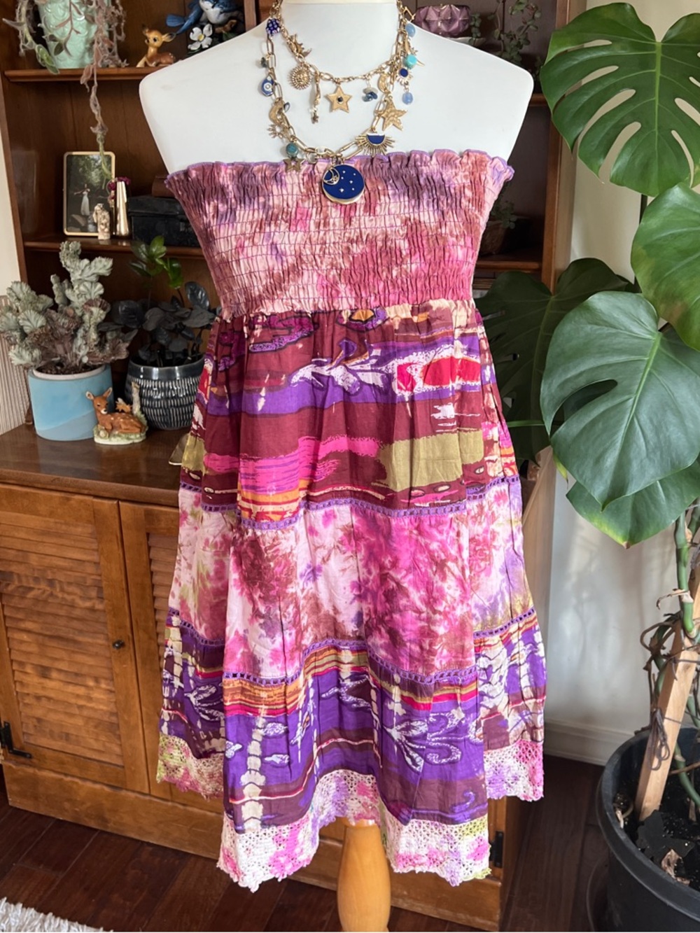 Chaudry KC Made in India Strapless Pink & Purple Tie-Dye Smocked Top or Skirt S